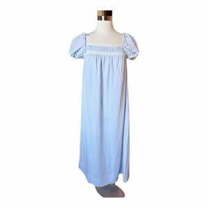 Miss Elaine VTG 80s Polka Dot Cotton Blend Long Nightgown Sz S Puff Sleeve Lace